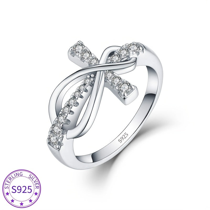 [Weddings Parties Gift] Elegant 925 Sterling Silver Infinity Cross Ring with Synthetic Cubic Synthetic Zirconia Stone, a Perfect Gift for Women, Ideal for Weddings and Parties, Wedding Ring. Elegant Ring Design, Wedding Ring. Total Product Weight (1.5g)