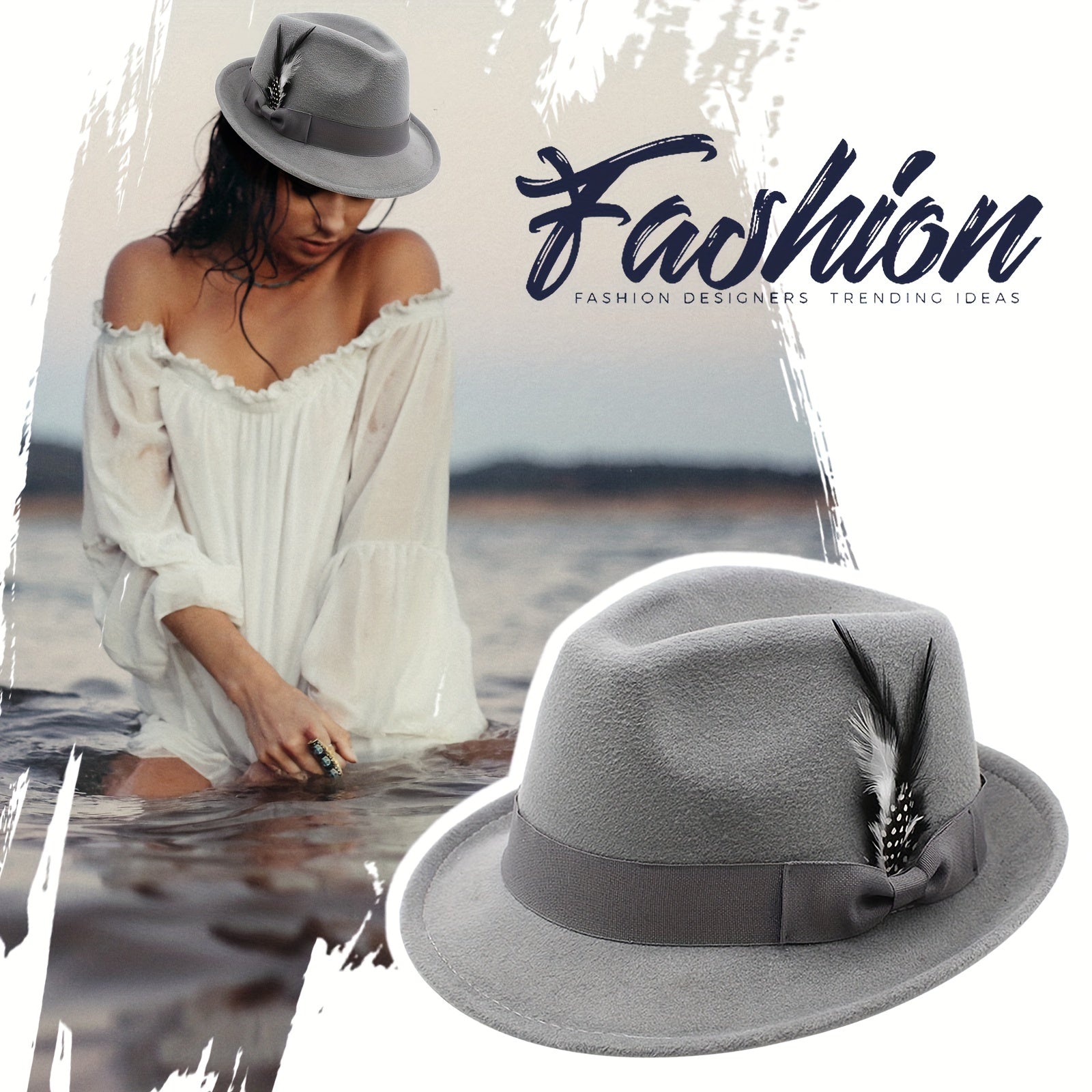 [Classic Fedora Hats] Flongo Classic Fedora Hats For Men Women Short Brim Felt Feather Hat Panama Dress Hat