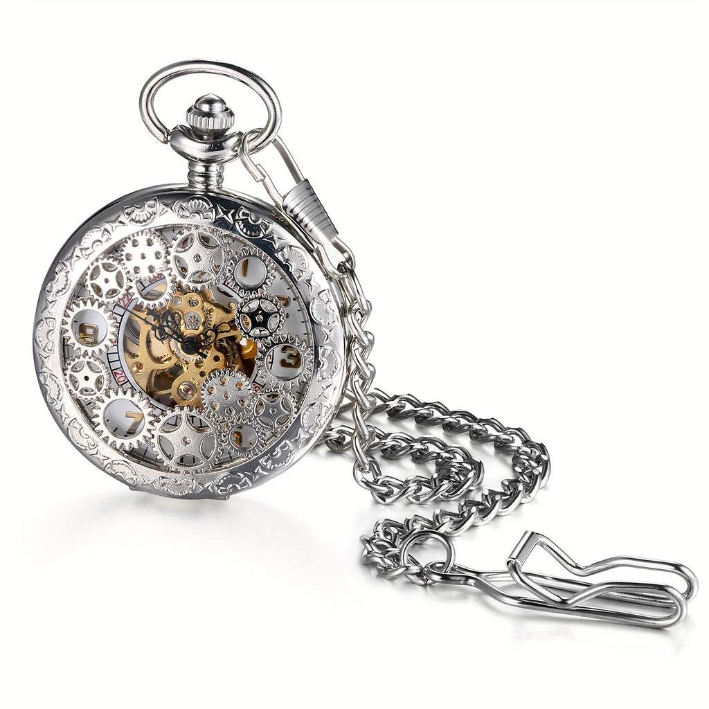 JewelryWe Automatic Mechanical Watch Classic Hollow Gear Skeleton Hand Wind Steampunk Retro Watch with Chain