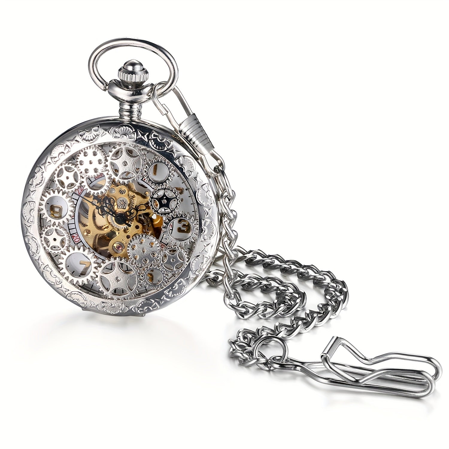 JewelryWe Automatic Mechanical Watch Classic Hollow Gear Skeleton Hand Wind Steampunk Retro Watch with Chain