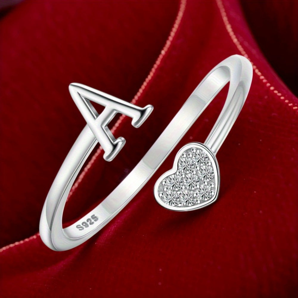 1pc 925 Sterling 925 Silver Letter Heart Initial Rings for Men Initial Heart Stackable Rings Adjustable Initial Rings for Men Cute Heart Alphabet Valentine's Day Jewelry Gifts, the best Christmas gift, Total weight of the product (3.2g)