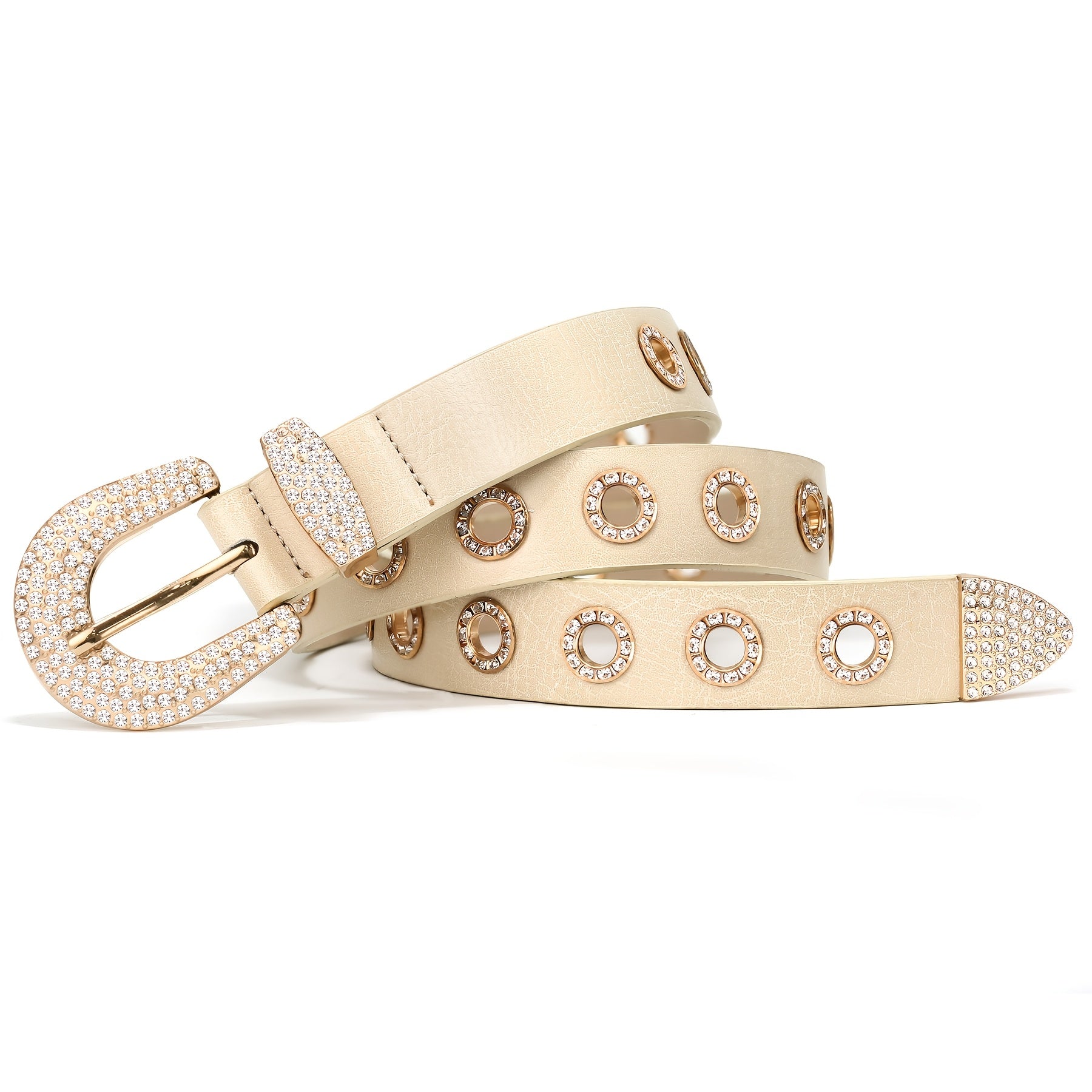 Women's Punk Faux Leather Grommet Belt Women Vintage Studded Rhinestone Rock Belts for Jeans Dress Pants