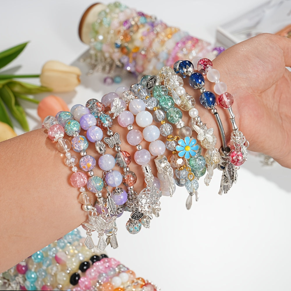 47pcs Bohemian Glass Bead Stretch Bracelets Set - with Star Floral & Butterfly Heart Pendant, Perfect for Daily Wear Casual Attire Party Jewelry Holiday Gifts