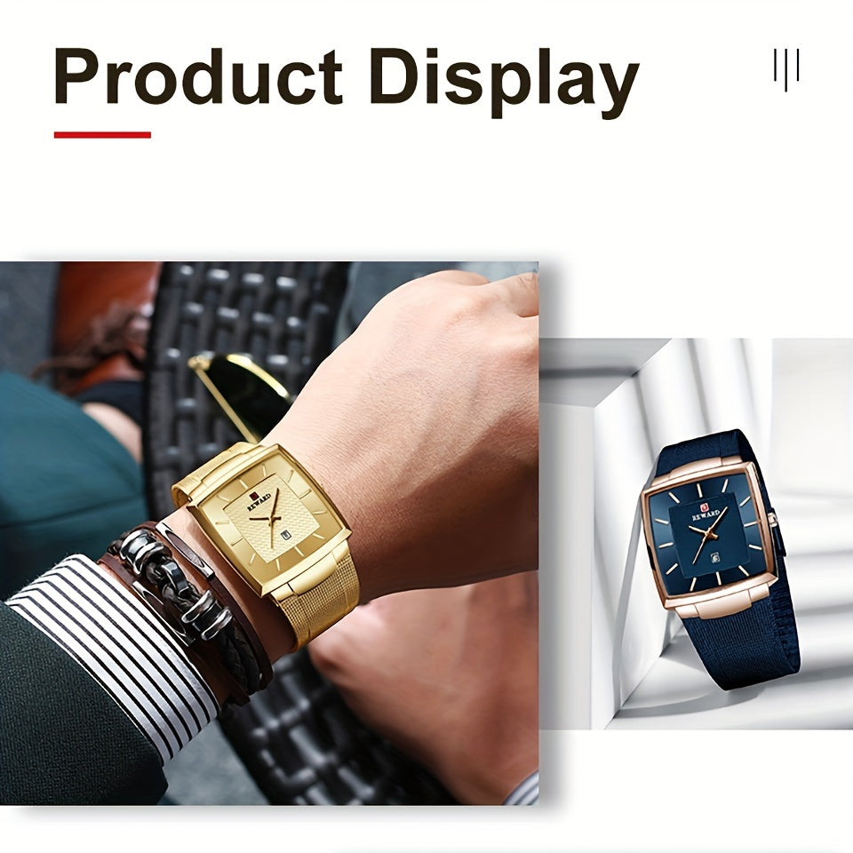 REWARD Fashion Watches Men Top Luxury Brand Square Blue Men's Wristwatch Stainless Steel Quartz Clock Male
