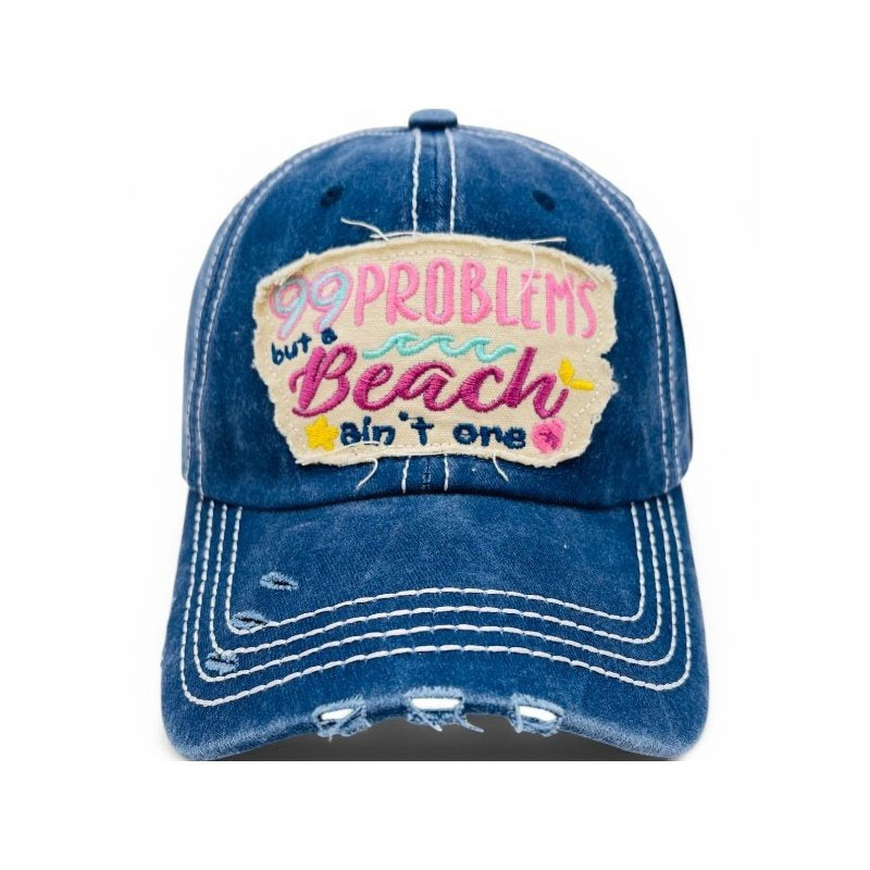 99 Problems But Beach ain't one Vintage Distressed Embroidered Baseball Cap For Women - 100% Cotton, Breathable, Casual, Adjustable, UV Protection
