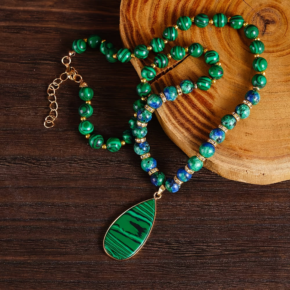 2pcs/Malachite & Phoenix Lapis Lazuli Wealth Necklace Set, Attracts Fortune And Abundance, Handmade Natural Stone Beads, Vintage Boho Adjustable Stackable Jewelry, Great for Daily Wear & Gifting, Unisex.