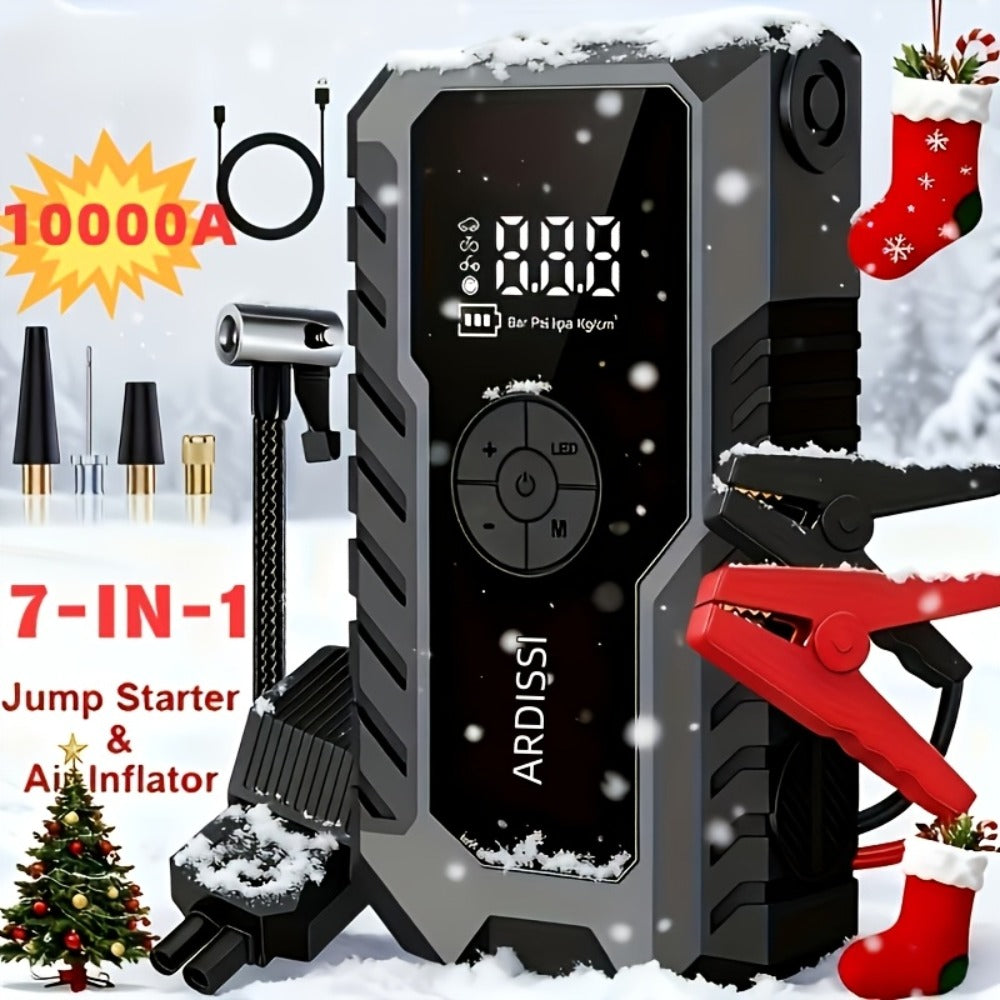 10000A 7-In-1 Multifunctional Emergency Jump Starter with 150PSI Air Pump, Digital Tire Inflator, Portable Car Battery Charger, Up to 2.64gal Gas/2.38gal Diesel, LED Emergency Light & USB Charging, Car Emergency Tool. Suitable As a Holiday Gift