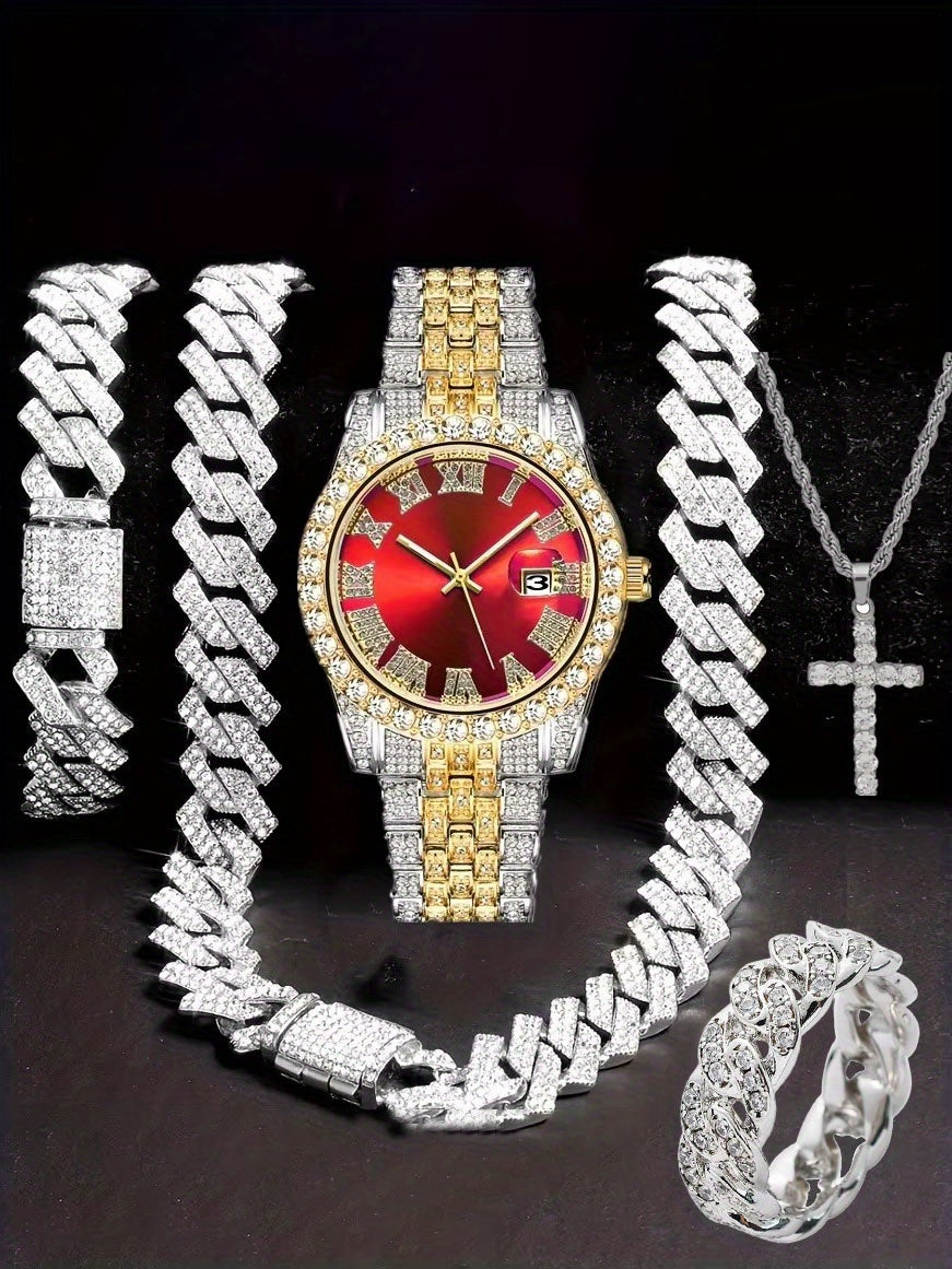Men'S Hip Hop Set: Trendy Watch, Cuban Chain Pendant Necklace And Bracelet Combo, Stylish Men'S Additions Gift for Christmas, Birthday, Valentine'S Day, And Father'S Day