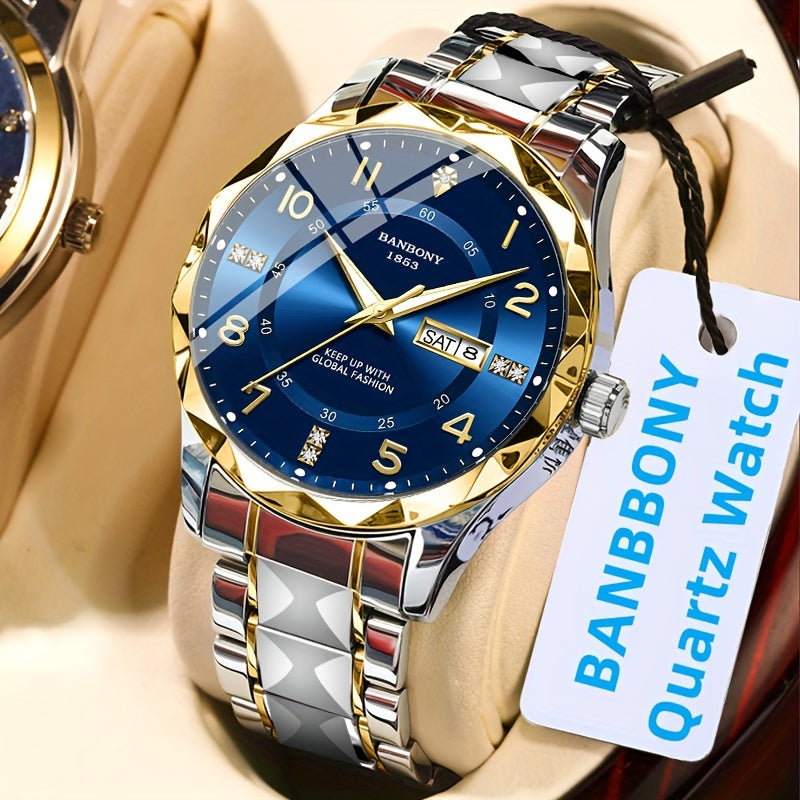 New BANBONY Brand Stainless Steel Quartz Watch Men's & Women's with Rhinestone-Embellished Simple Digital Round Dial, Luminous Display Multifunctional Fully Automatic Wristwatch for Casual Sports IPX7 Waterproof Holiday Birthday Family Party Gift