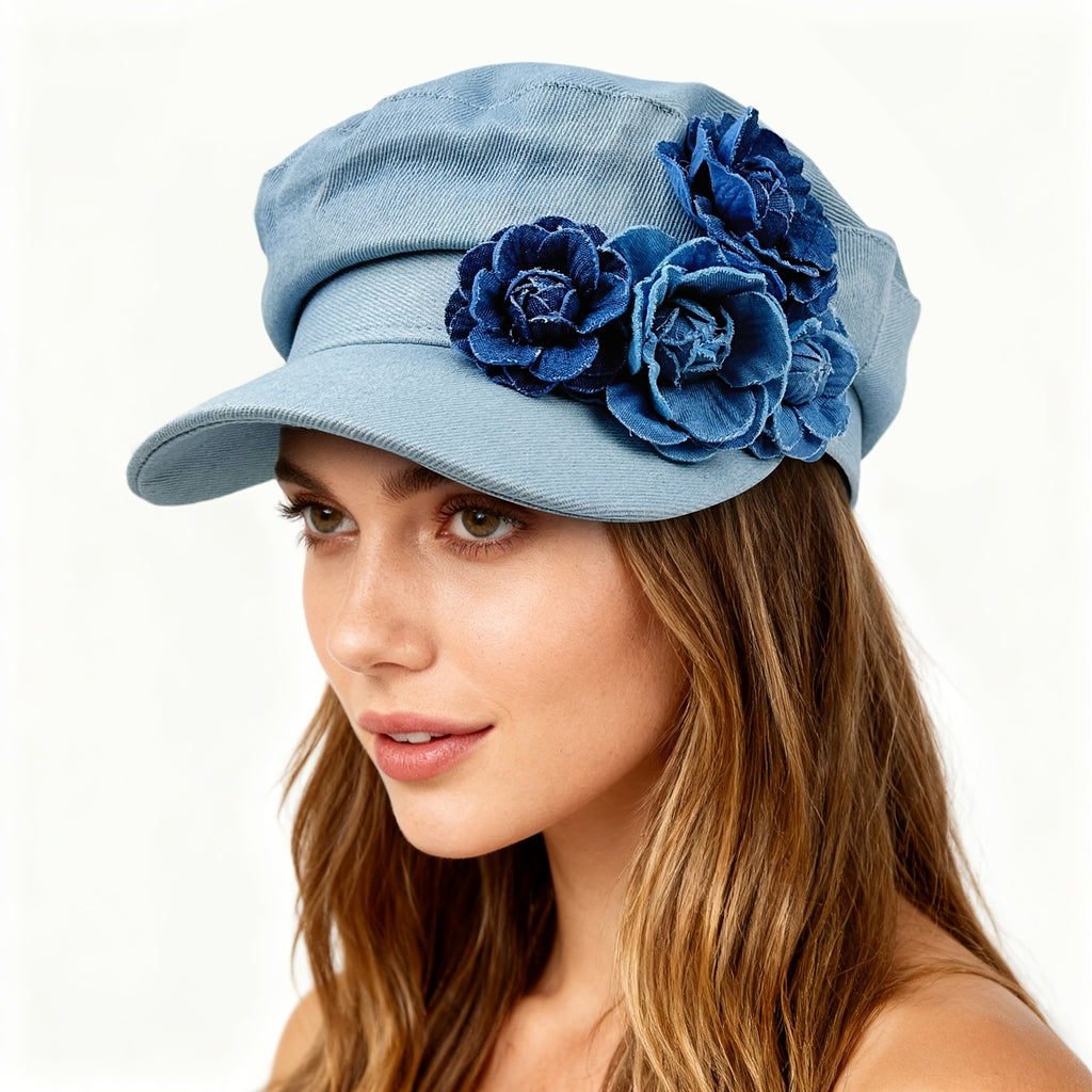 Women's Floral Denim Newsboy Cap Handmade Flower Decor Casual Hat for Artists Painters Suitable for Daily Outdoor Wear
