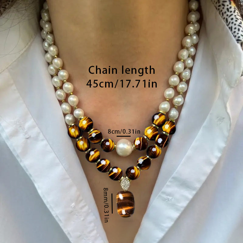 2pcs elegant and fashionable set necklace, natural tiger eye stone with freshwater Freshwater Pearls pendant necklace, best gift, Valentine's Day gift, suitable for daily life and party