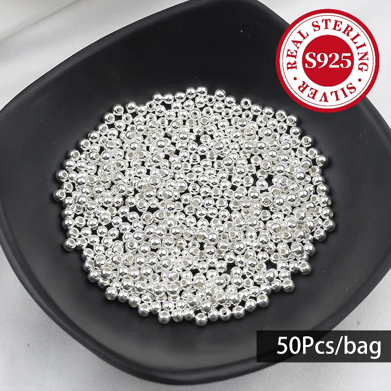 50pcs/Bag S925 Sterling Silvery Round Beads, Loose Polished Beads, High-End Handmade Jewelry Materials, Suitable for Making Bracelet And Anklet Additions