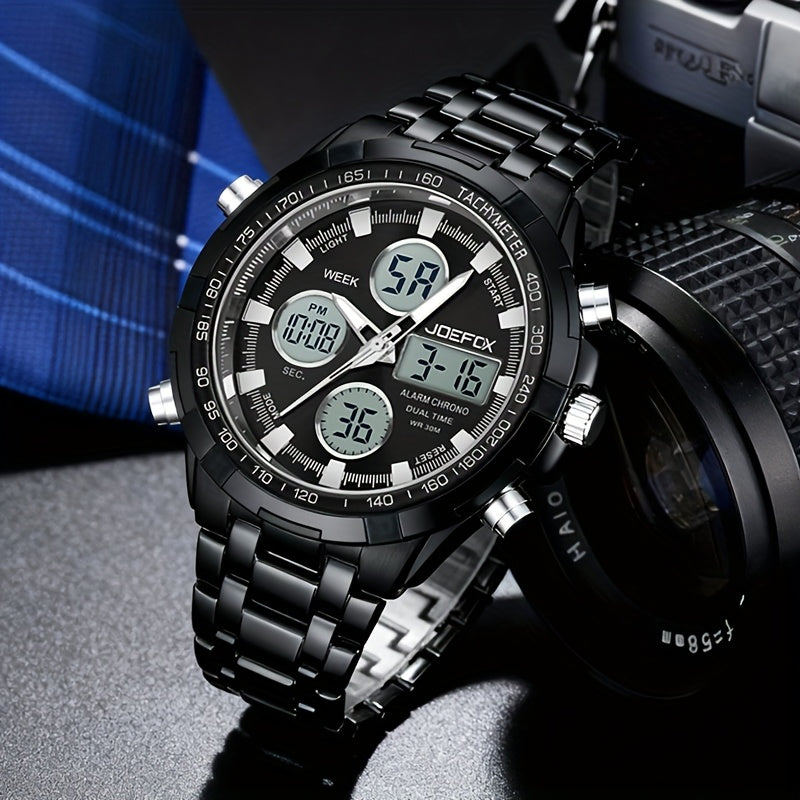 [Luxury Sport Watch] JOEFOX Men's Luxury Analog-Digital Sport Watch - Large Face Dual Display, Stainless Steel Band, LED Backlight 3ATM Waterproof Chronograph And Alarm Wristwatch
