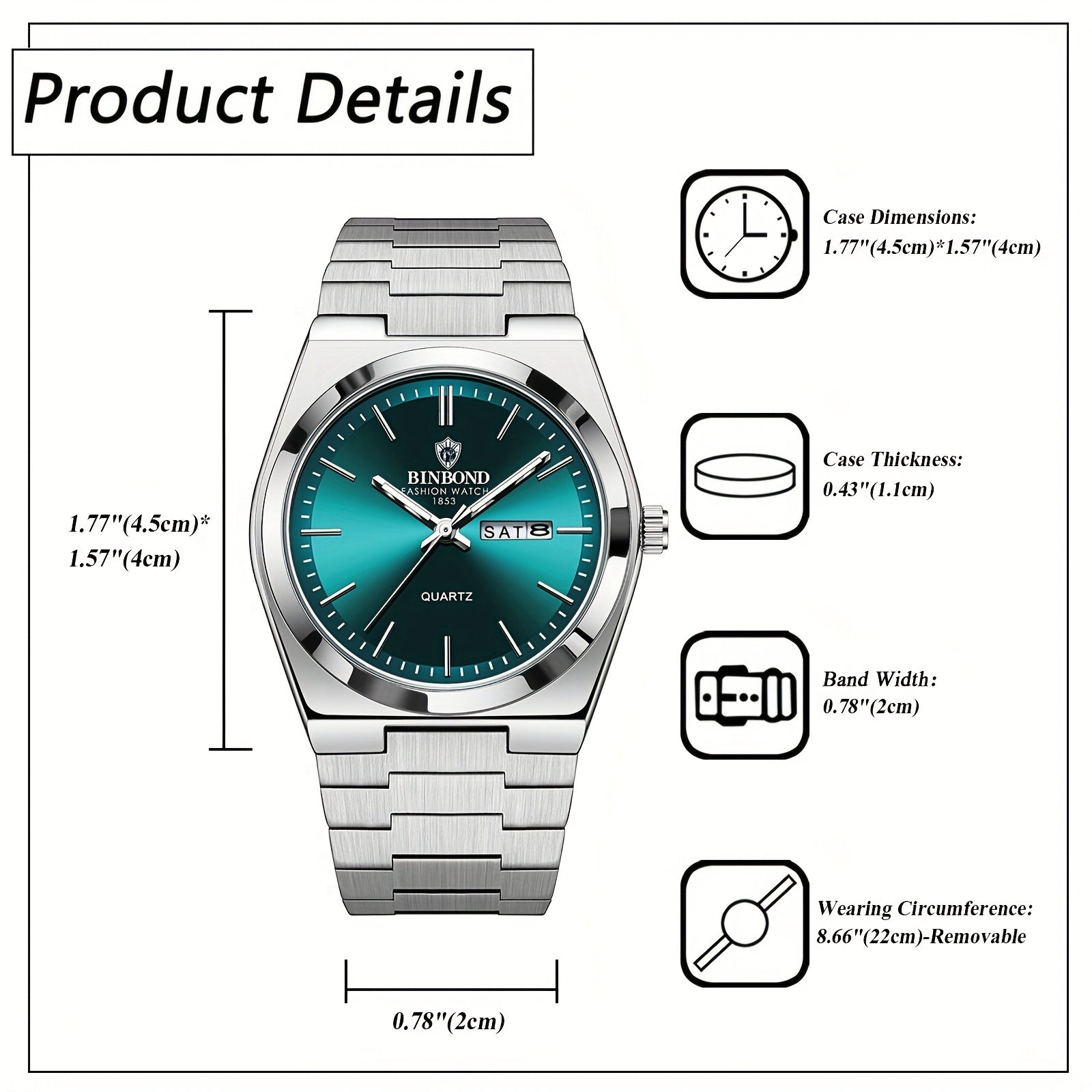 Jewelrywe Mens Week Date Calendar Luminous Dial Solid Stainless Steel Band Quartz Watch Business Wristwatch