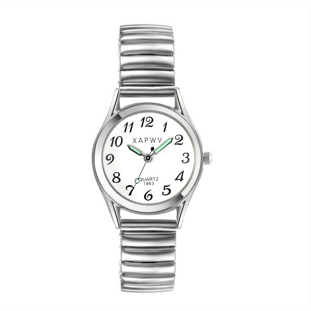 Fashion Simple Small Women's Mode Quartz Elastic Watch, Alloy Stretch Strap, Luminous Hands, Large Arabic Numerals Scale Dial, Round Ultra-thin Case, Birthday Anniversary Christmas Gifts Suitable for teens.