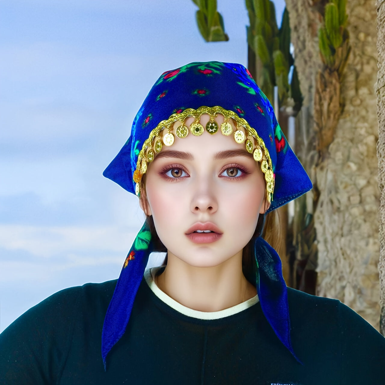 A Stylish Peony-Patterned Headscarf Complemented by Beautiful Golden Sequin Additions, Perfect for Casual Outings. It'S Lightweight, Breathable, And Protects Against Dust, Making It Ideal for Summer Wear