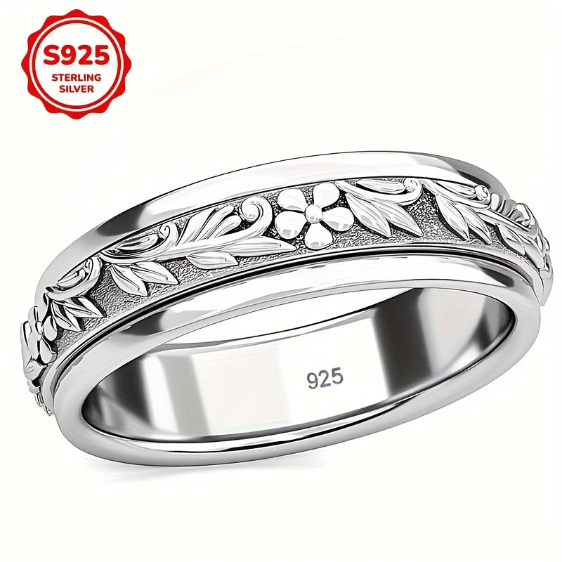 Vintage Carve Leaf And Flower Wide Rings 925 Sterling Silvery Rings For Women Fashion Ring Jewelry