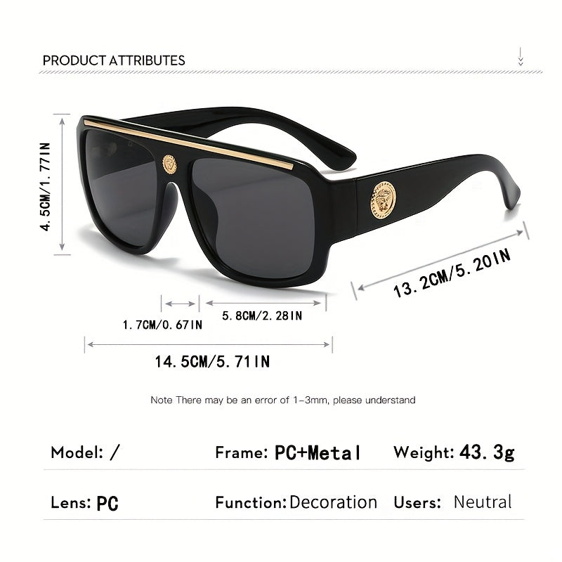 Men's Cyberpunk Square Fashion Eyewear - Extra Large Frame (>139mm), Lightweight Eyewear with Black and Golden Metal Trim, Over-the-Counter Decorative Lenses for Daily and Special Occasions - Futuristic Eyewear Street Fashion, Cosplay