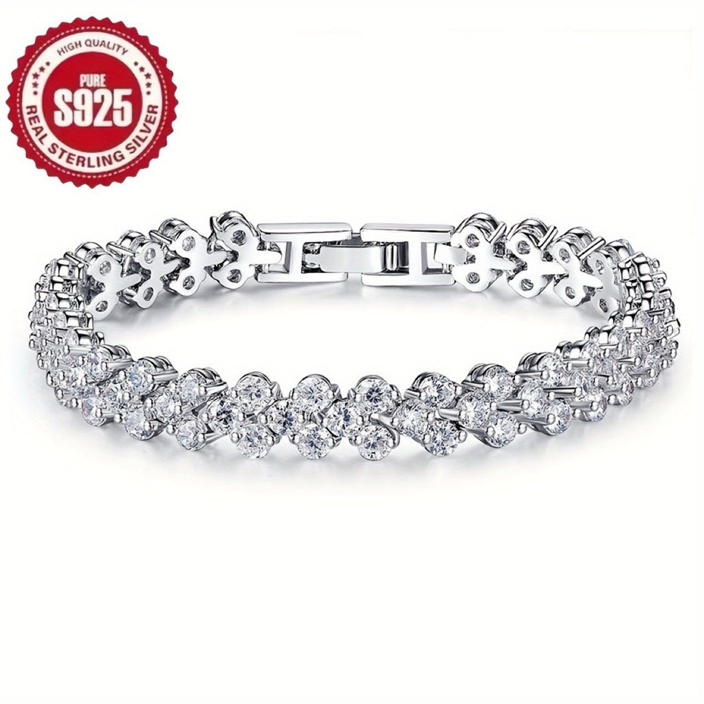 2pcs Women's 925 Silver Bracelet Set, S925 Love Synthetic Synthetic Zirconia Tennis Bracelet And Retro Multi Element Bracelet, Classic Retro Luxury Style, Analog Synthetic Synthetic Zirconia Mosaic, with Gift for Daily Wear, Total Weight