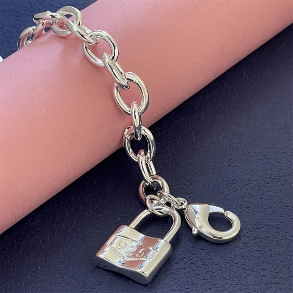 925 Pure Silver Pendant Clasp Bracelet, Stylish Korean Silver Chain Bracelet with Lock, the Perfect Gift Choice!