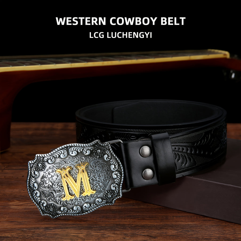 Mens Western Cowboy Cowgirl Embossed Floral Faux Leather Belt - Longhorn Bull Pattern Letter Big Buckle Belt - Stylish, Durable, Belts For Men