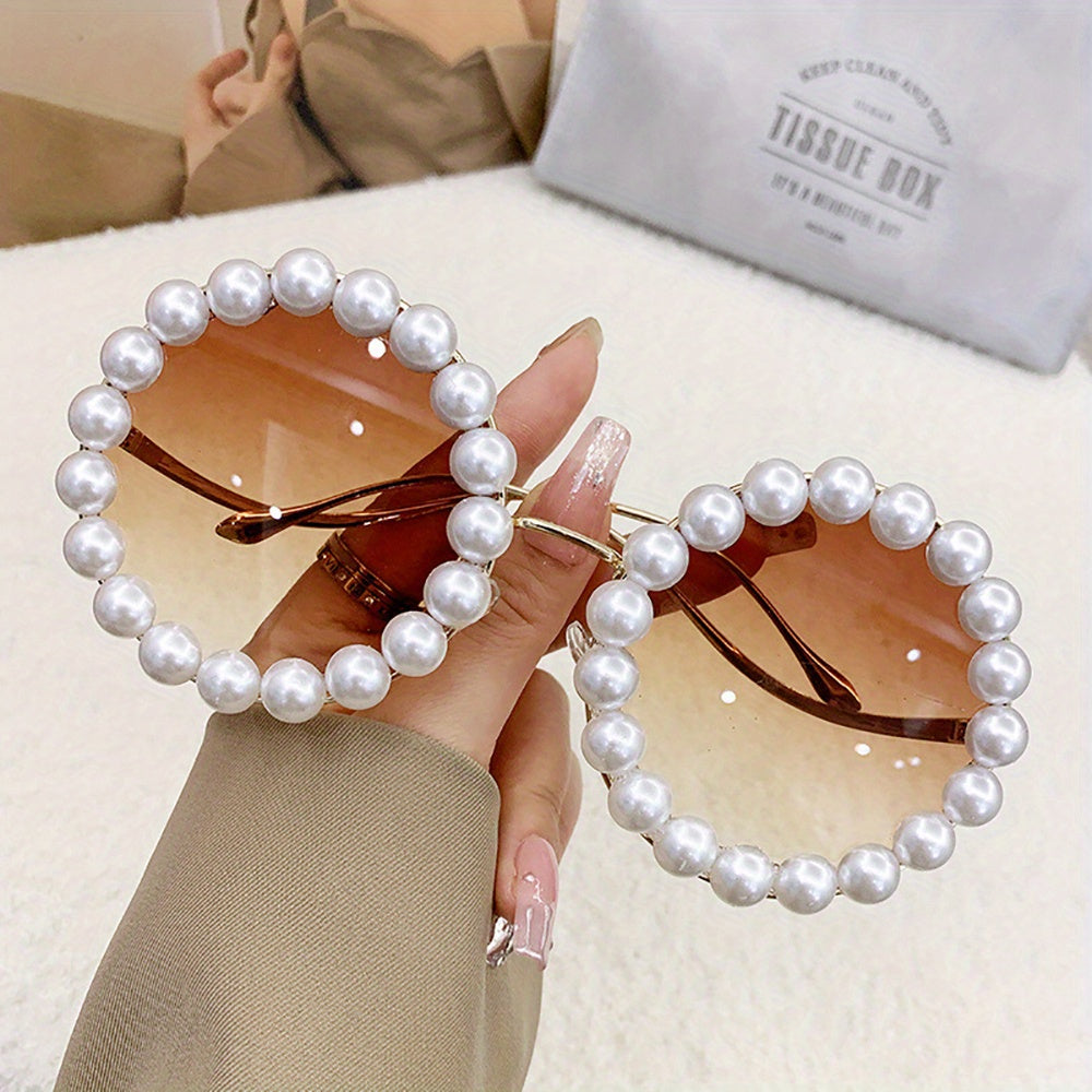 1pc New Round Frame Ladies Full Frame Pearl Glasses Design Sense Wave Shape Temple Fashion Golden Style Photo Gift Glasses Perfect for Summer Festival, Party Holiday Gift, Birthday Gift