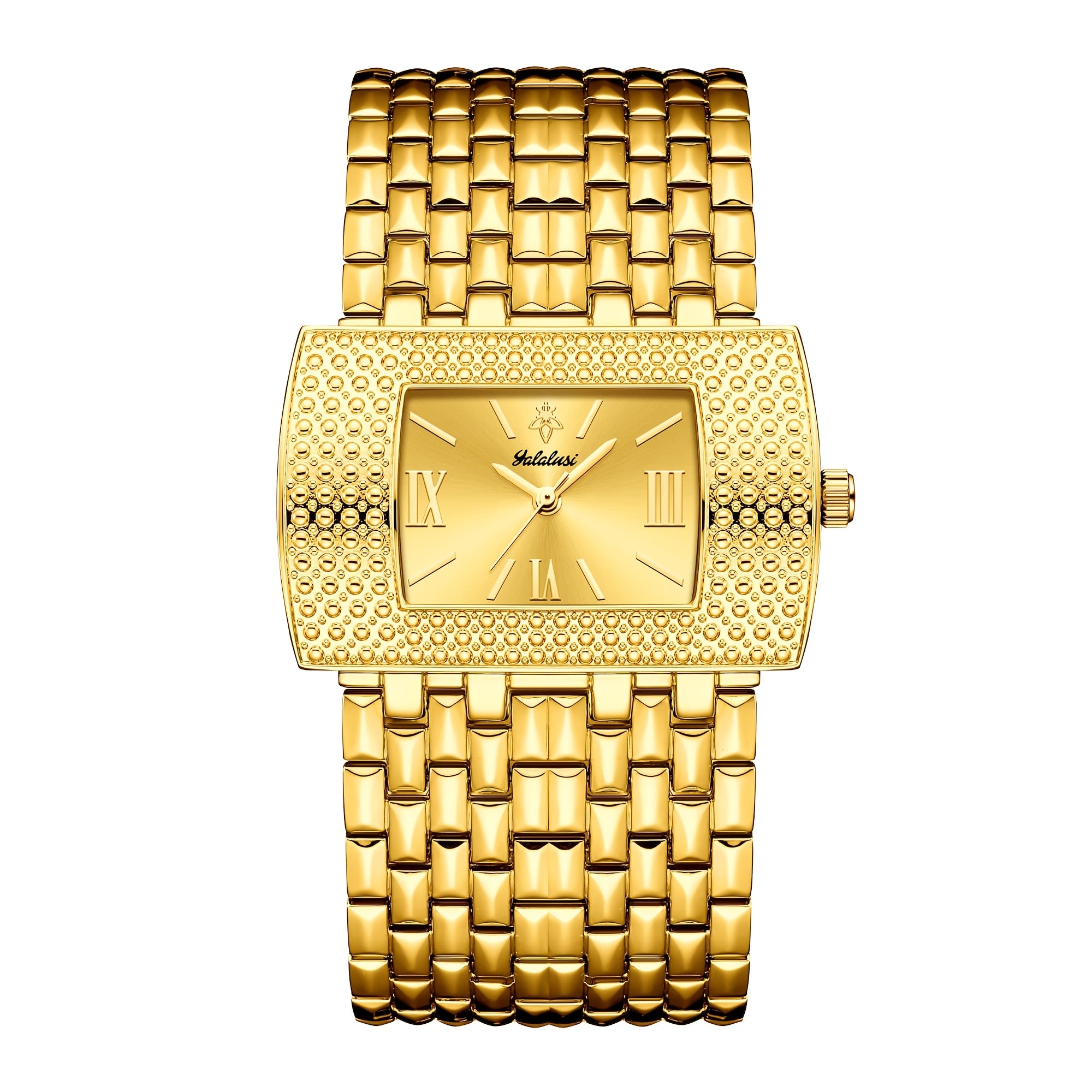 YaLaLuSi Luxury Golden-Tone Rectangular Analog Watch with Roman Numerals, Zinc Alloy Band & Case, Quartz Movement, Includes Elegant Gift Box and Band Adjuster - Ideal for Business and Party Wear