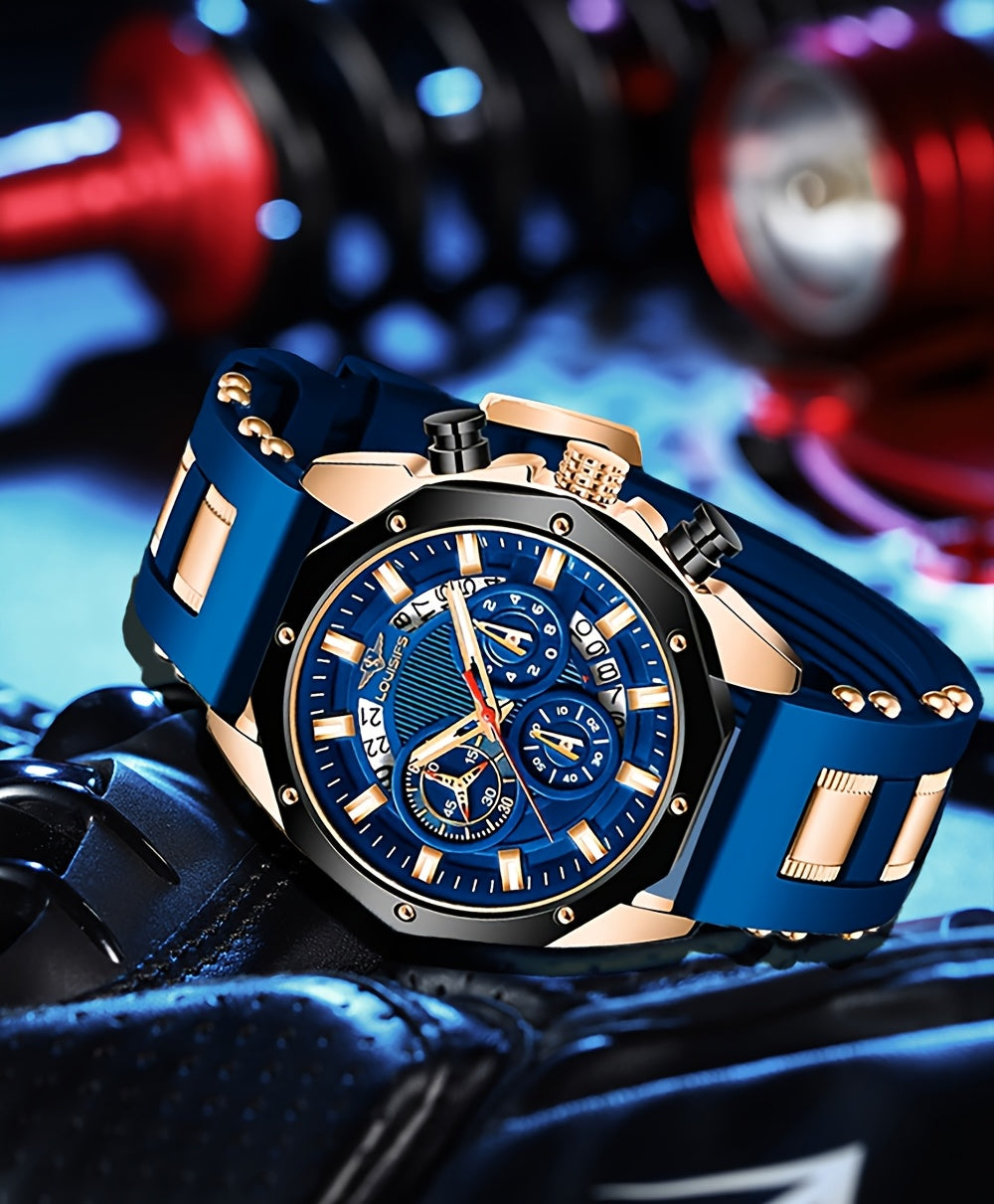 Men's Luxury Large Dial Chronograph Wristwatch - Blue & Golden Analog Watch with Day/Date/Month Display, Quartz Movement, 24H Chronograph, High Quality 1181.1inch, Elegant Brown Strap & Golden Buckle, Multi-Functional Business & Sports Watch for Formal &