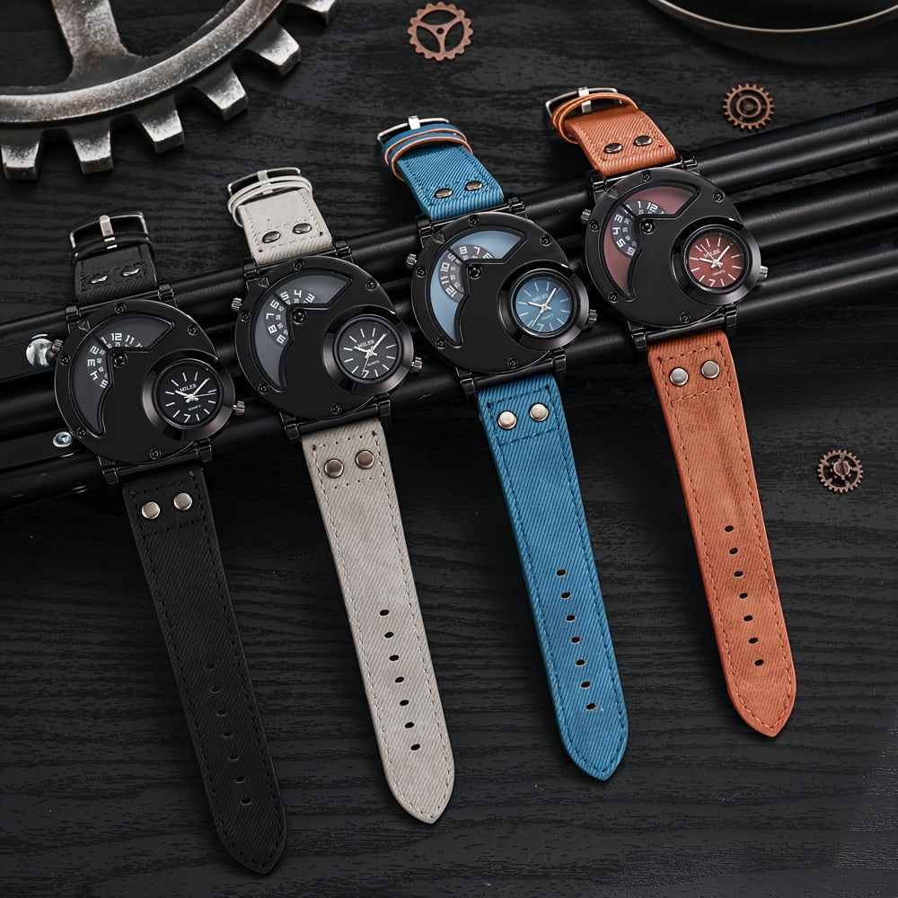 Vintage Men Watch Big Dial Double Time Shows PU Leather Business Quartz Watches for Man Analog Hot Deal Clock