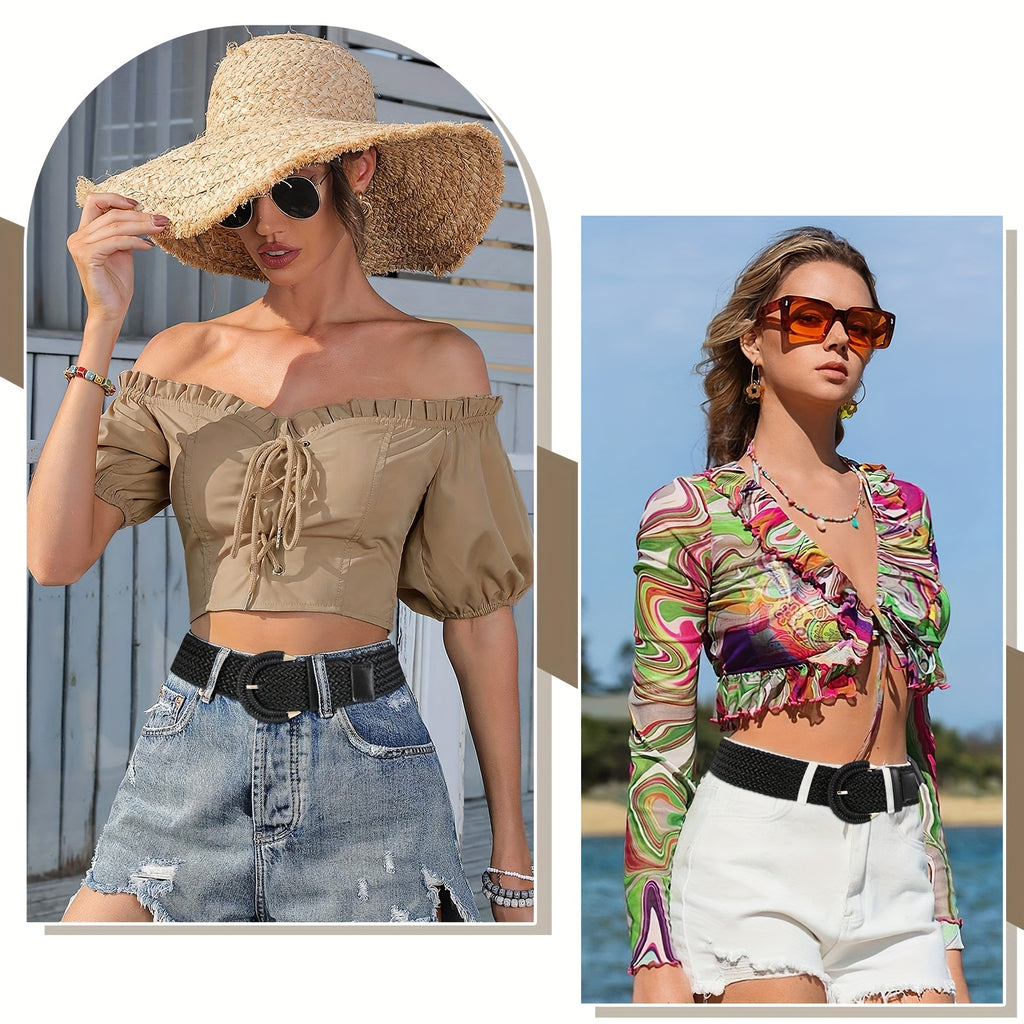 Women'S Braided Rattan Wide Belt Waist Belt with Half-Circle Buckle for Summer Dress Jeans Pants