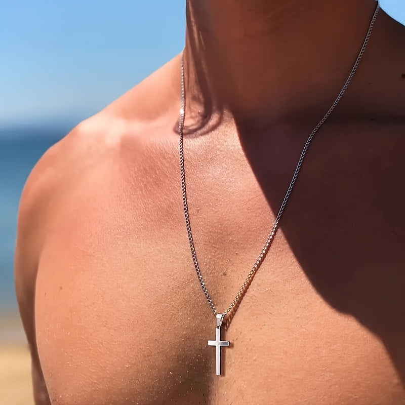 1 men's fashionable cross pendant necklace, plated with 18K golden Cuban chain, stainless steel men's minimalist casual necklace