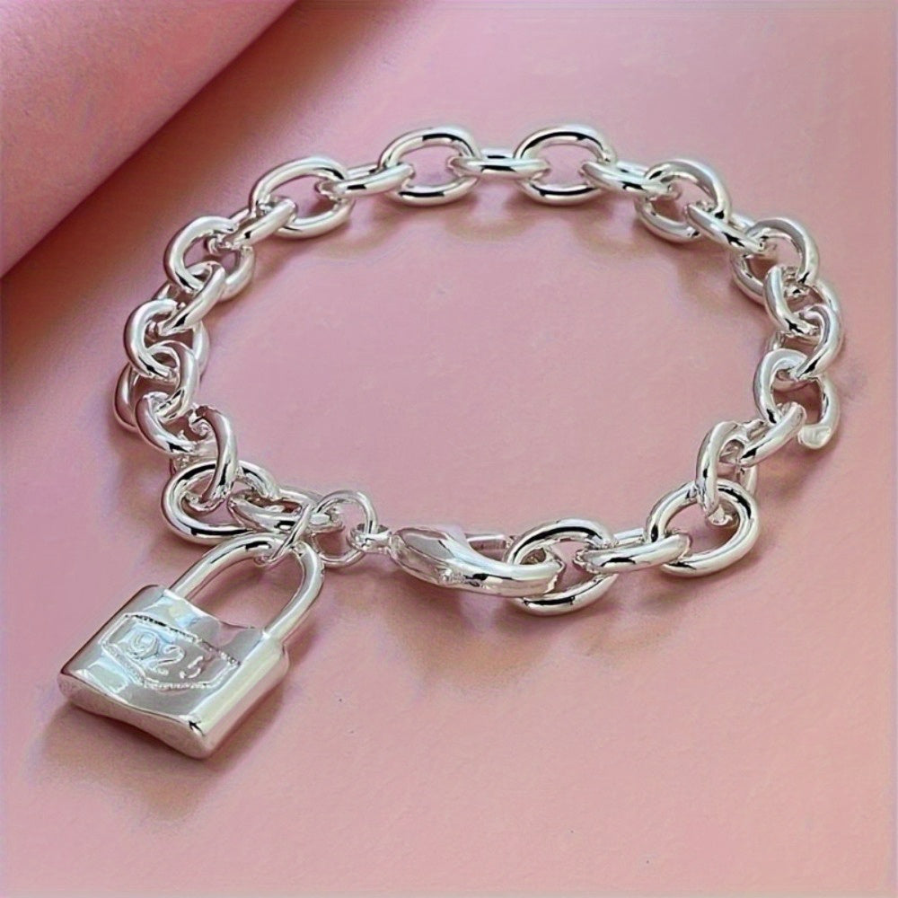 925 Pure Silver Pendant Clasp Bracelet, Stylish Korean Silver Chain Bracelet with Lock, the Perfect Gift Choice!