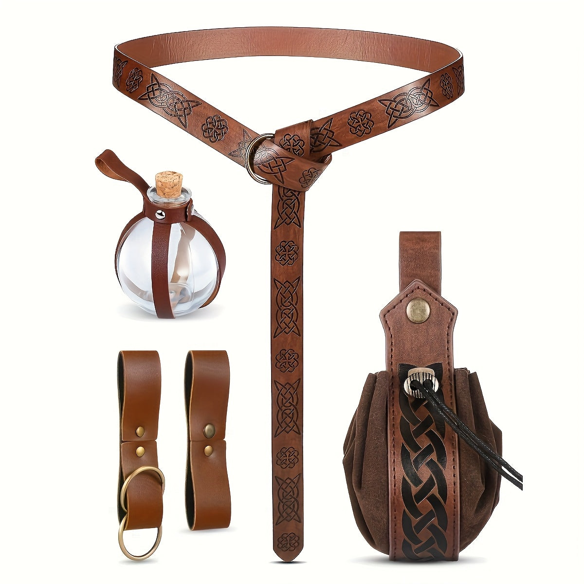 Set of 5 Renaissance-Style Belts for Halloween, Featuring Medieval Viking Potion Bottle Holders, Faux Leather Pouches, And Mug Holders, Perfect for Gifting