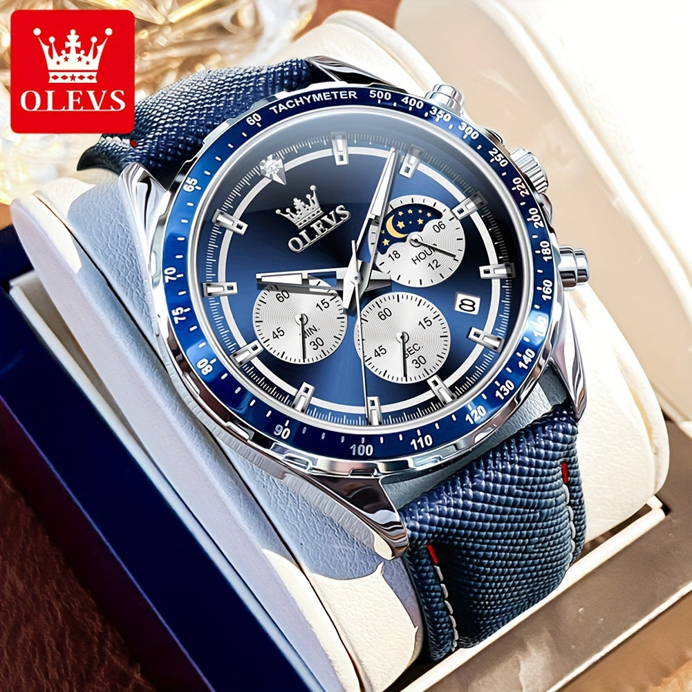 OLEVS Men'S Luxury Watches Blue Leather, Casual Watches for Men, Chronograph Watches Moon Phase Quartz Male Watch Waterproof Wrist Watch Big Face with Calendar Wristwatch Relojes De Hombre