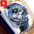 OLEVS Men'S Luxury Watches Blue Leather, Casual Watches for Men, Chronograph Watches Moon Phase Quartz Male Watch Waterproof Wrist Watch Big Face with Calendar Wristwatch Relojes De Hombre