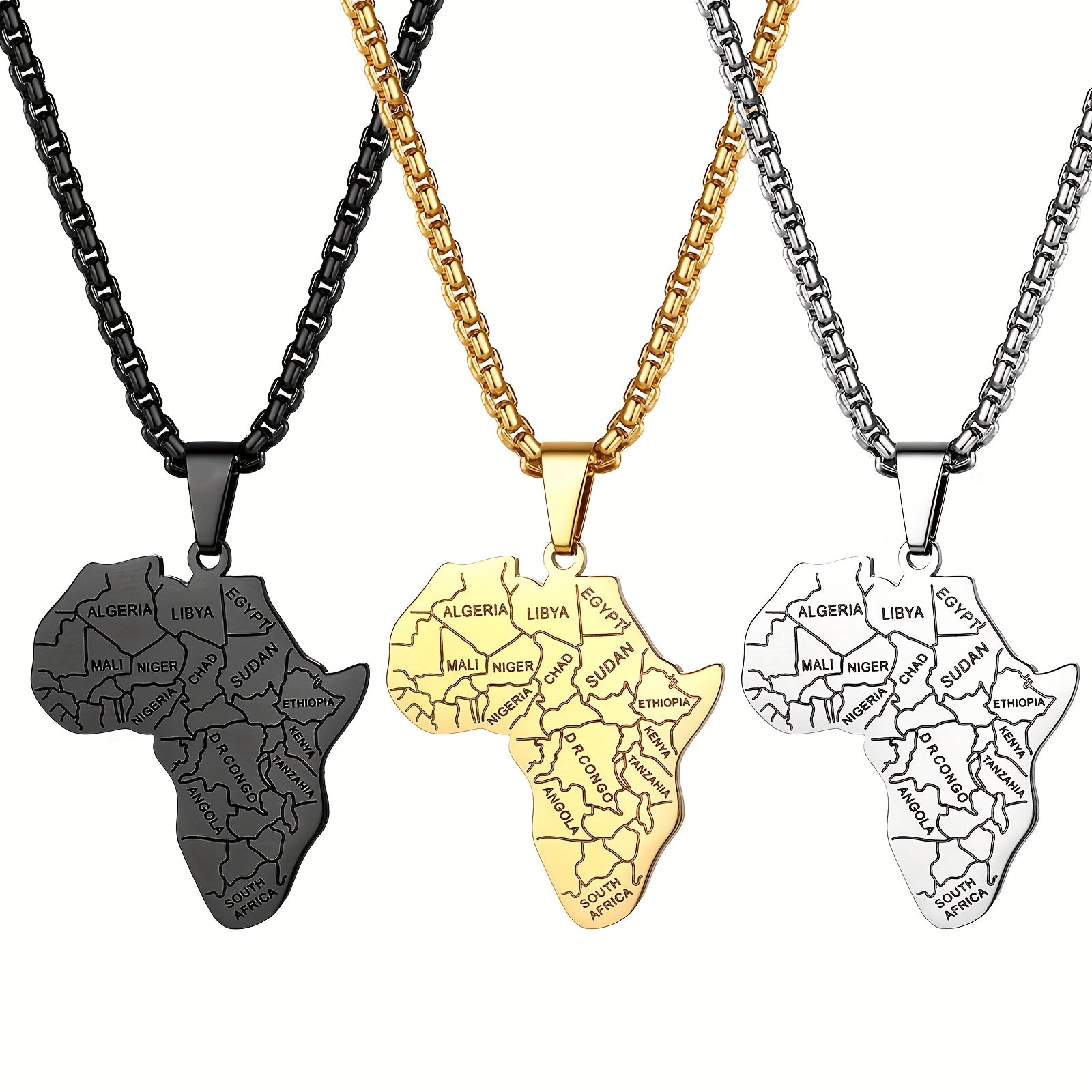 Flongo Men's Classic African Necklace Stainless Steel African Map Necklace Pendant with Wheat Chain