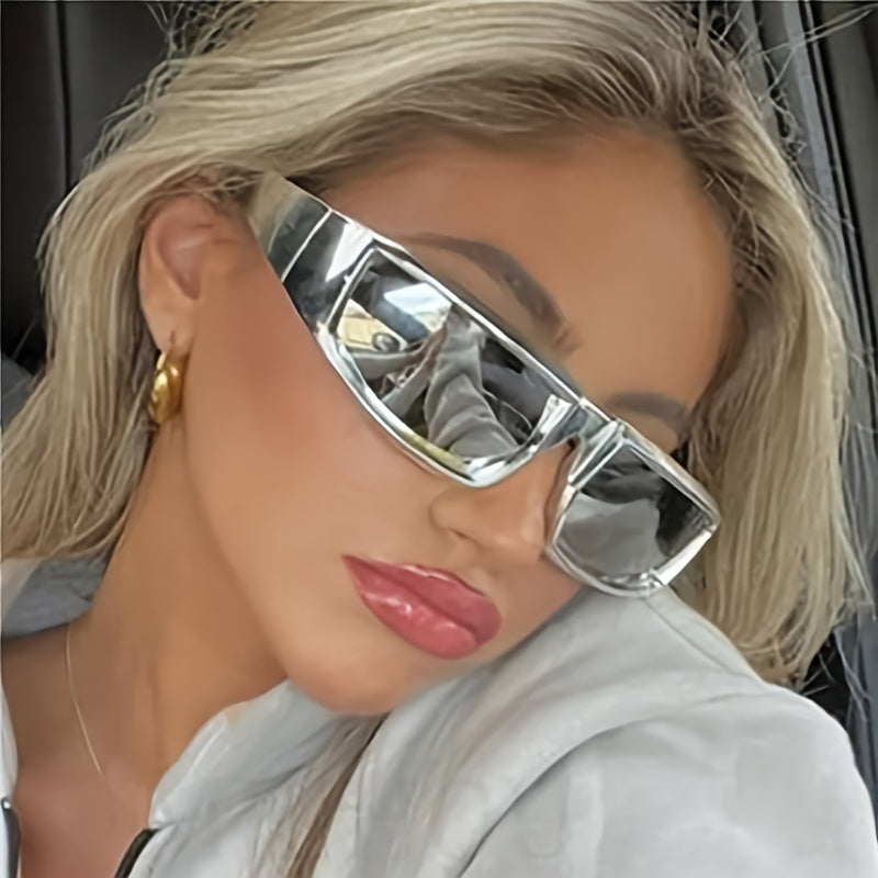 Futuristic Y2K Style Tech-Inspired Polygonal Wrap Glasses with Silvery Coating