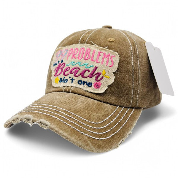 99 Problems But Beach ain't one Vintage Distressed Embroidered Baseball Cap For Women - 100% Cotton, Breathable, Casual, Adjustable, UV Protection