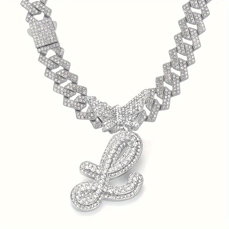 1pc Initial Letter Necklace for Men & Women - Cuban Link Chain with Butterfly Letter Pendant, - Alphabet, Suitable for Birthday/Father's Day/Mother's Day Gifts, Hip Hop Jewelry for,, Family