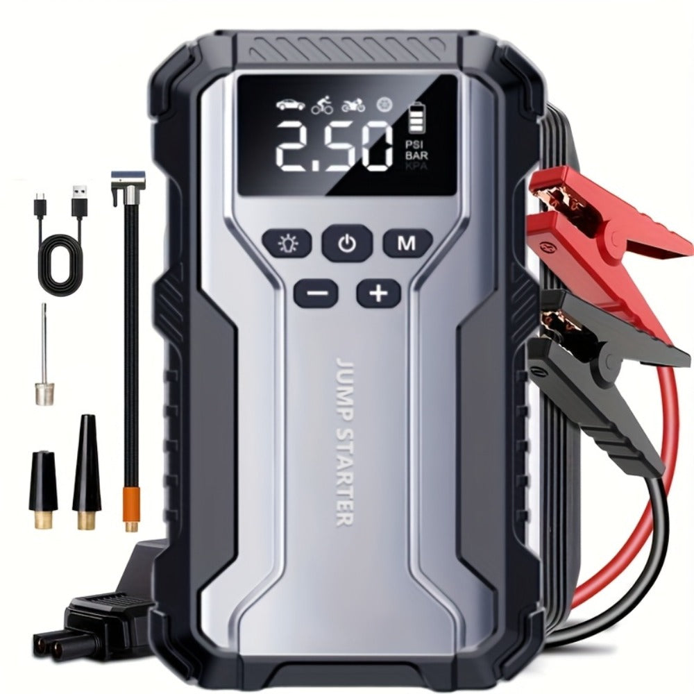 [Portable Car Jump Starter] 10000upgrade 7-in-1 Multi-Functional Emergency Jump Starter, Portable Car Battery Starter, Suitable For 2.64-Gallon Gasoline Or 2.38-Gallon Diesel Batteries, LED Emergency Lights, And Car Emergency Tools