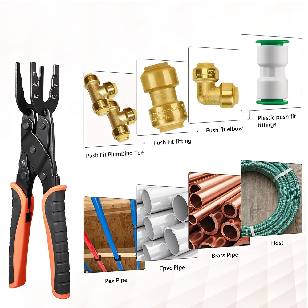 [Pipe Disconnect Tool] Quick Connect Pipe Disconnect Tool Push to Connect Disassembly Pliers Carbon Steel with Ergonomic Non Slip Handle Compact And Compatible with PEX PVC And Copper Pipes Works with 1/2 Inch 3/4 Inch And 1 Inch Fittings for Easy Install