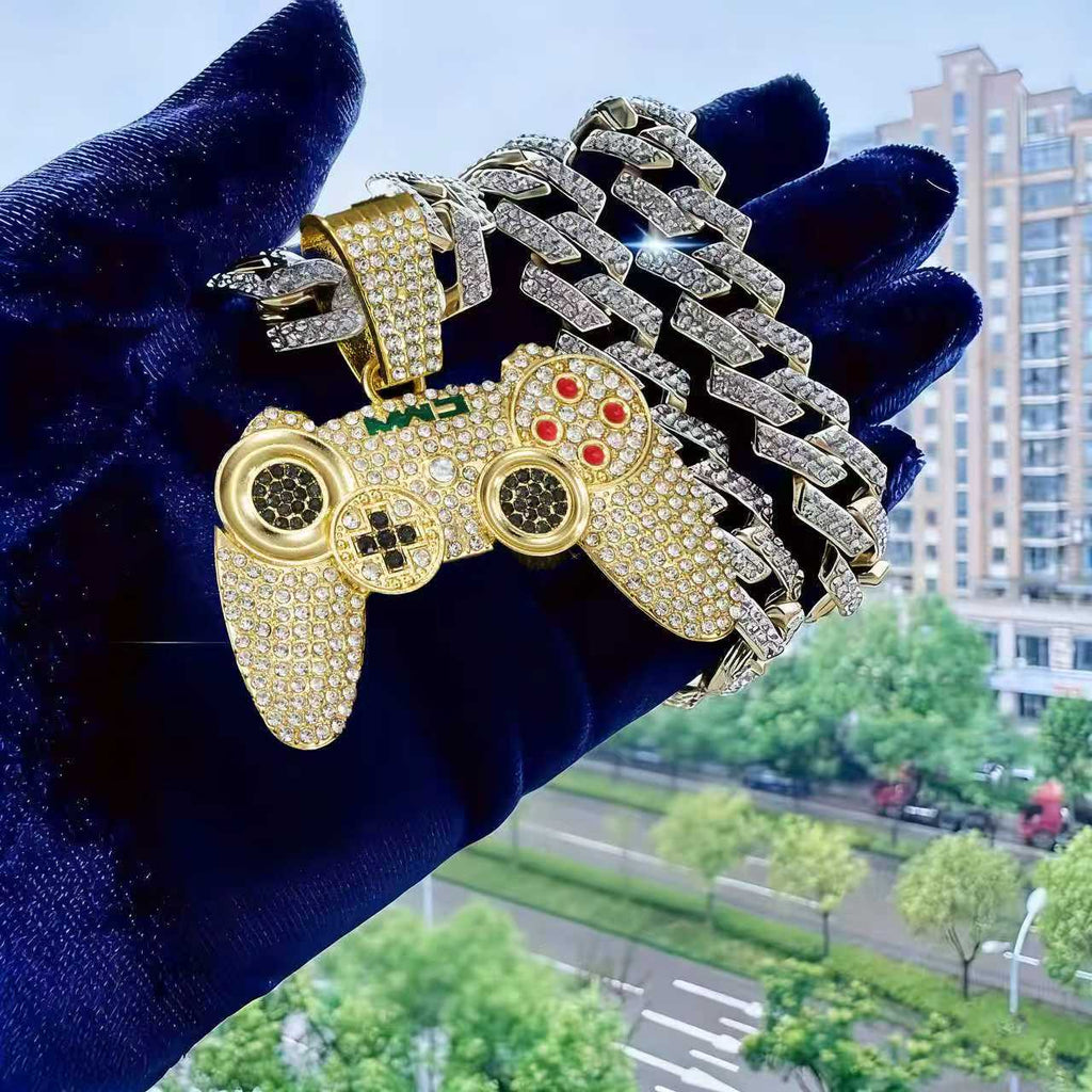 2pcs Fashionable Game Controller Pendant Necklace with Rhinestones - Men's Hip - Hop Cuban Chain, Ideal for Music Festivals, EDM Parties
