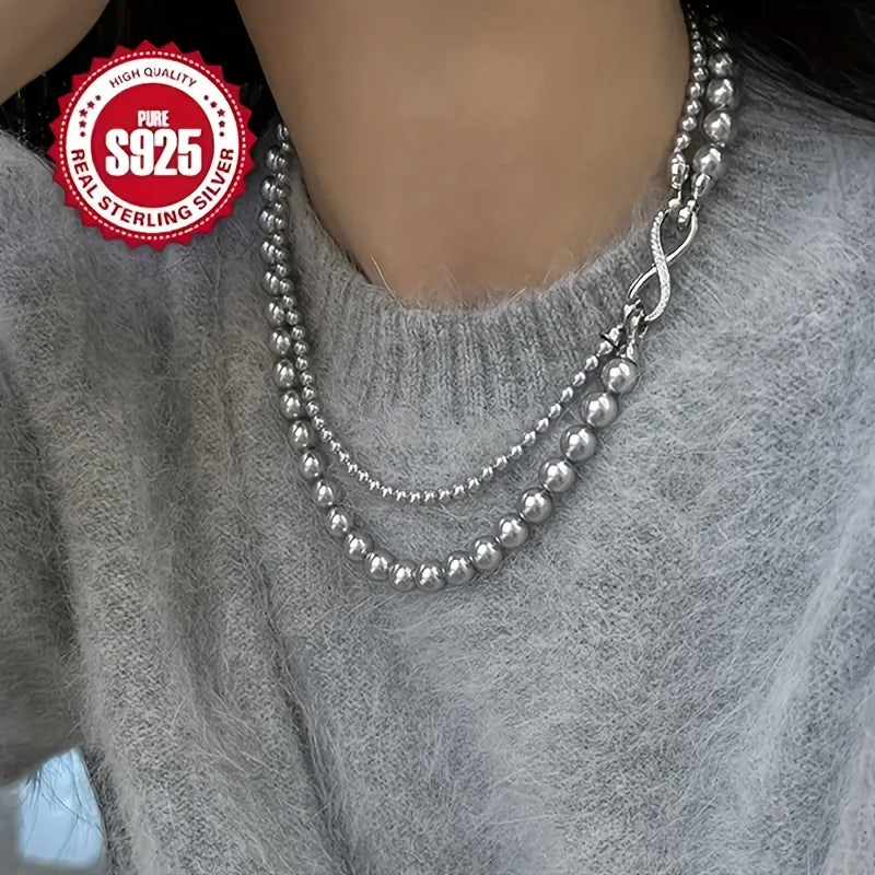 Exquisite 925 Sterling Silvery Imitation Pearl Necklace, Double-Layer Luxurious Style, Detachable Buckle, Anti Allergic Round Pearl Chain, Suitable for Daily Wear And Special Occasions, Perfect Gift for Mother'S Day