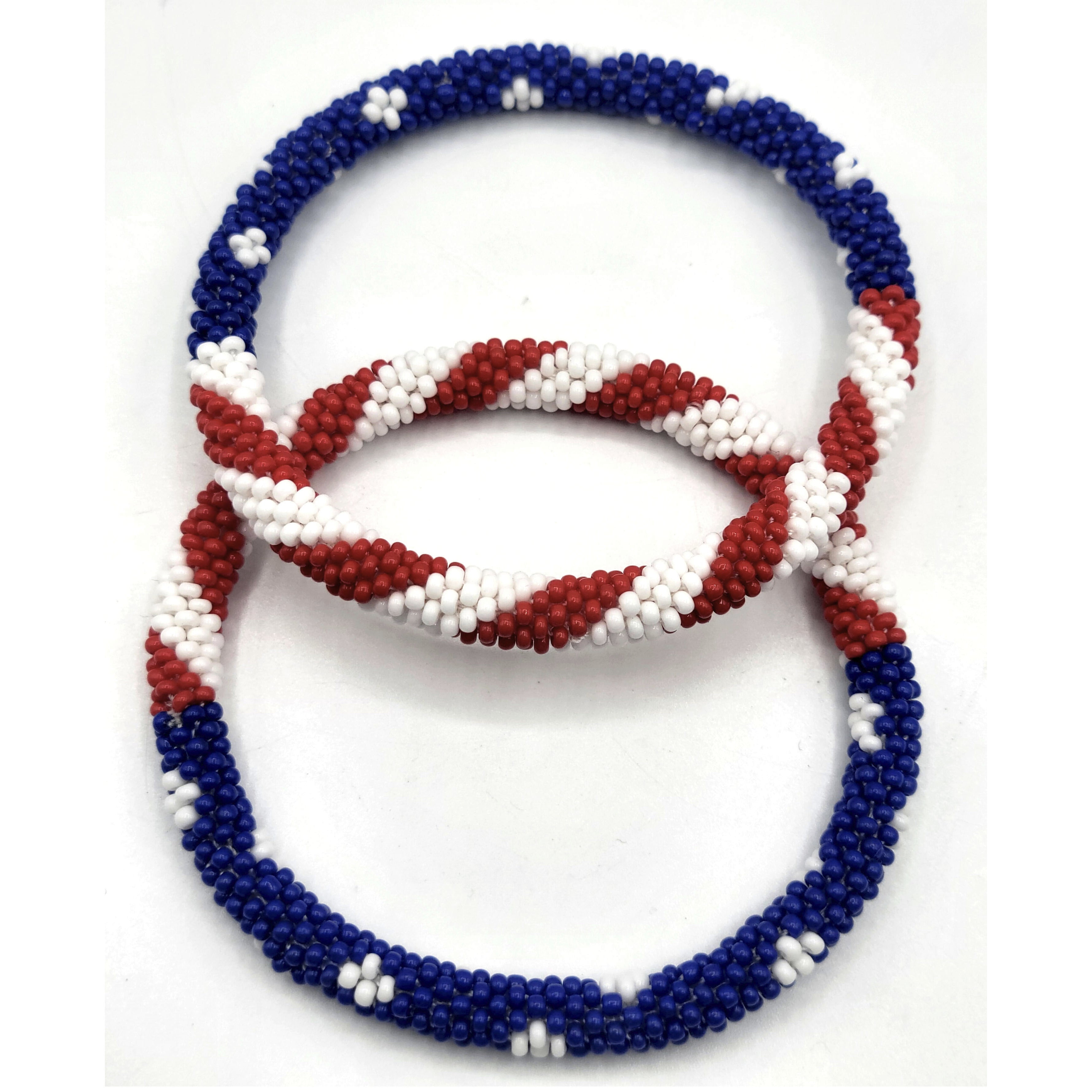 Set of 2 Handmade USA Flag Patriotic Color Design Bracelet Jewelry From Nepal – Glass Beaded Roll-On Crochet Bracelets for Men & Women, Boho Hippie Style, Artisan-Roll-On Bangles, Great Gift for USA Lovers Vacation Style Nepal Artisanship, Patriotic Wrist