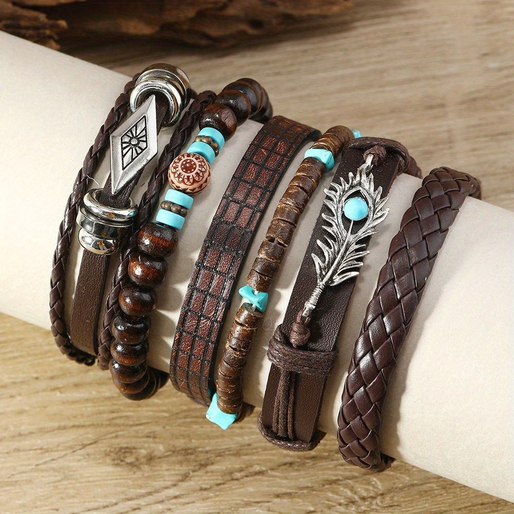 Random 24pcs Bohemian Retro Western Style Turquoise Bracelet, Multi-Layer Woven Feather Jewelry, Wooden Bead Alloy Bracelet, Perfect for Daily Wear As a Gift at Parties, Bracelet Beads, Party Jewelry, Gift for Her, Bohemian Jewelry, Western Charm
