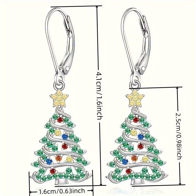 S925 silver elegant Christmas tree pendant earrings with sparkling cubic synthetic Synthetic Zirconia, perfect for daily wear and party holiday gifts