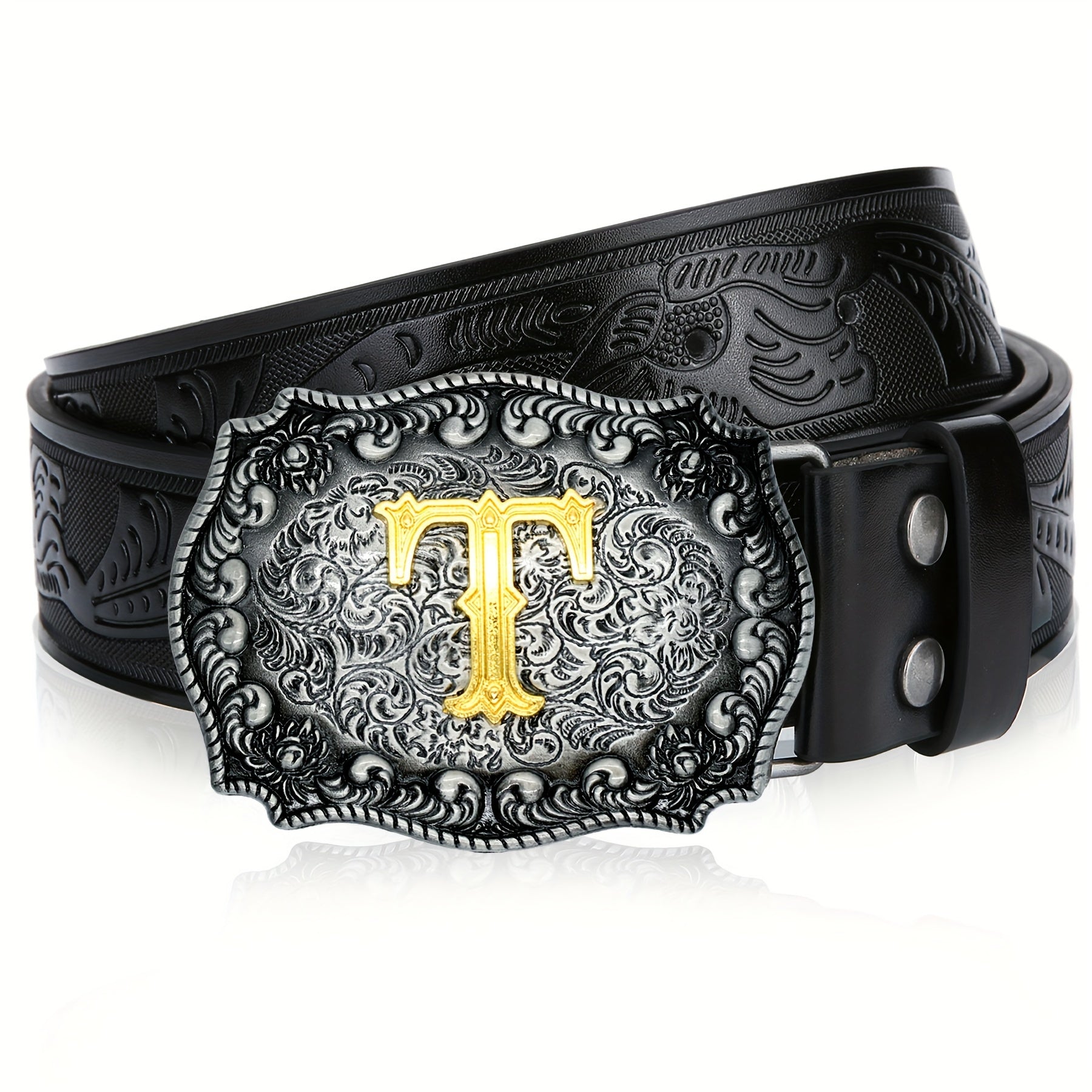 Mens Western Cowboy Cowgirl Embossed Floral Faux Leather Belt - Longhorn Bull Pattern Letter Big Buckle Belt - Stylish, Durable, Belts For Men