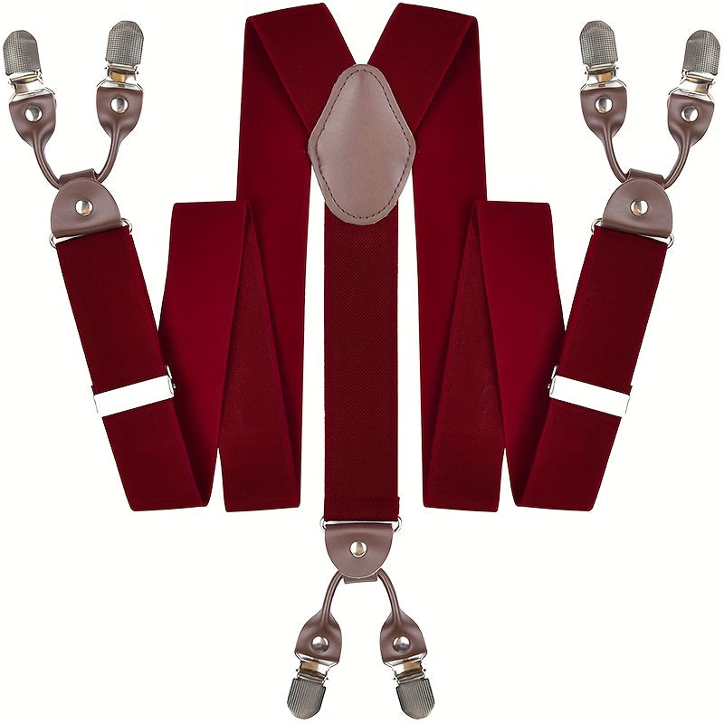 Men'S Suspenders, Suit Brace Y-back PU Leather Heavy Duty Suspender With 6 Metal CliP