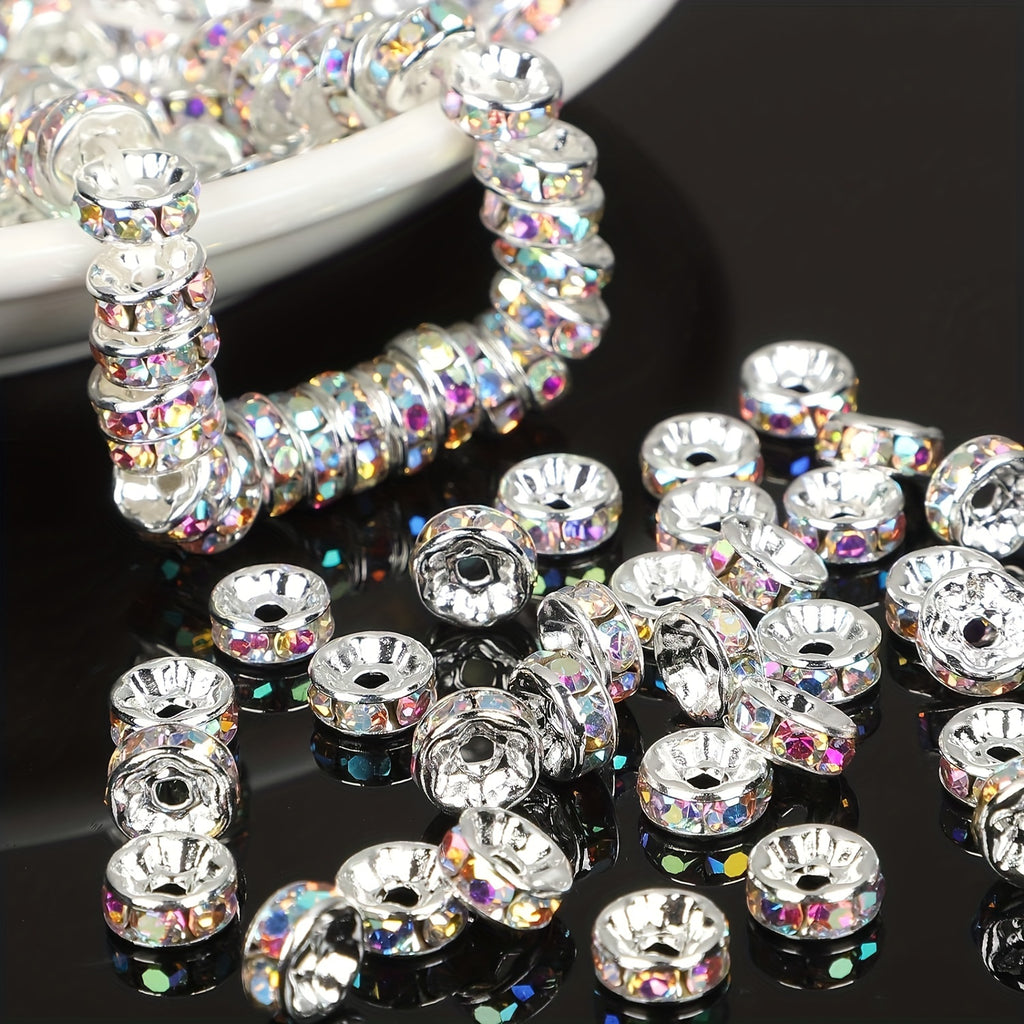 500pcs Mixed Color White AB Iron Rondelle 4/ 6/ 8/ 10mm, Round Rondelle Loose Spacer Beads for DIY Bracelet Necklace Pendant