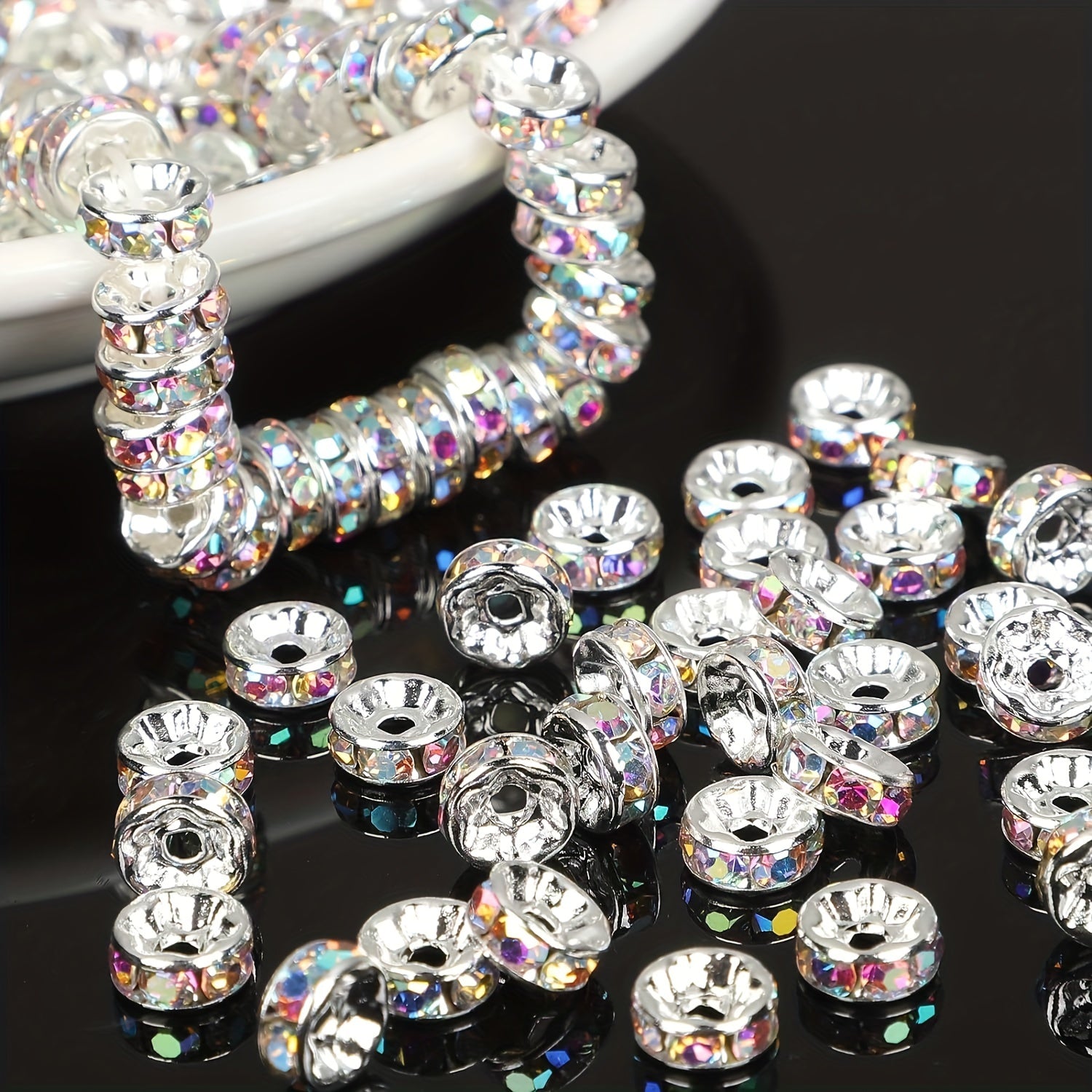 500pcs Mixed Color White AB Iron Rondelle 4/ 6/ 8/ 10mm, Round Rondelle Loose Spacer Beads for DIY Bracelet Necklace Pendant